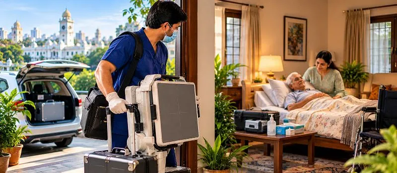 Expert technician providing doorstep X-Ray service for a bedridden patient in Hyderabad