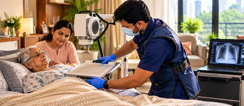 Portable home X-Ray service for a bedridden elderly patient in Manikonda, Hyderabad.